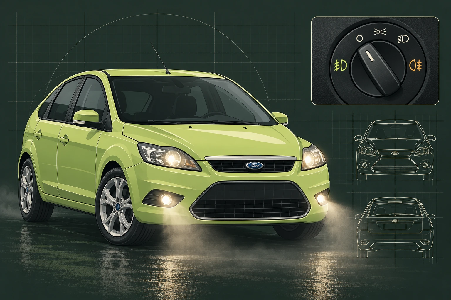 Ford Focus Mk2 z włączonymi przednimi światłami przeciwmgielnymi — ilustracja