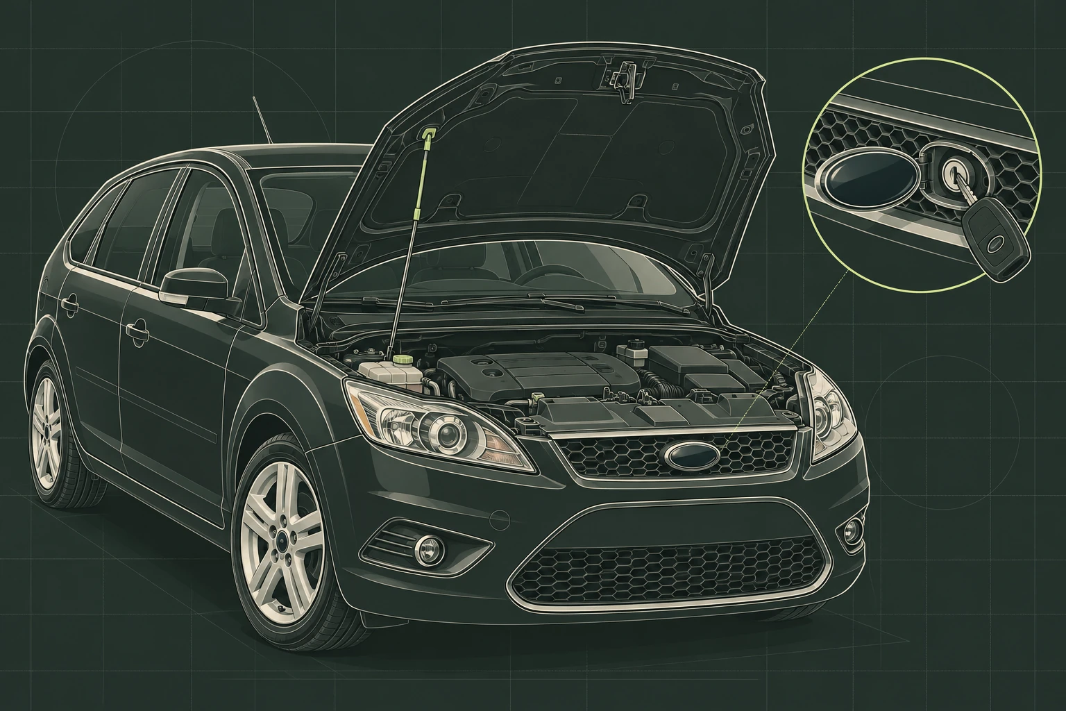 Ford Focus Mk2 z otwartą maską i detal zamka przy emblemacie — ilustracja